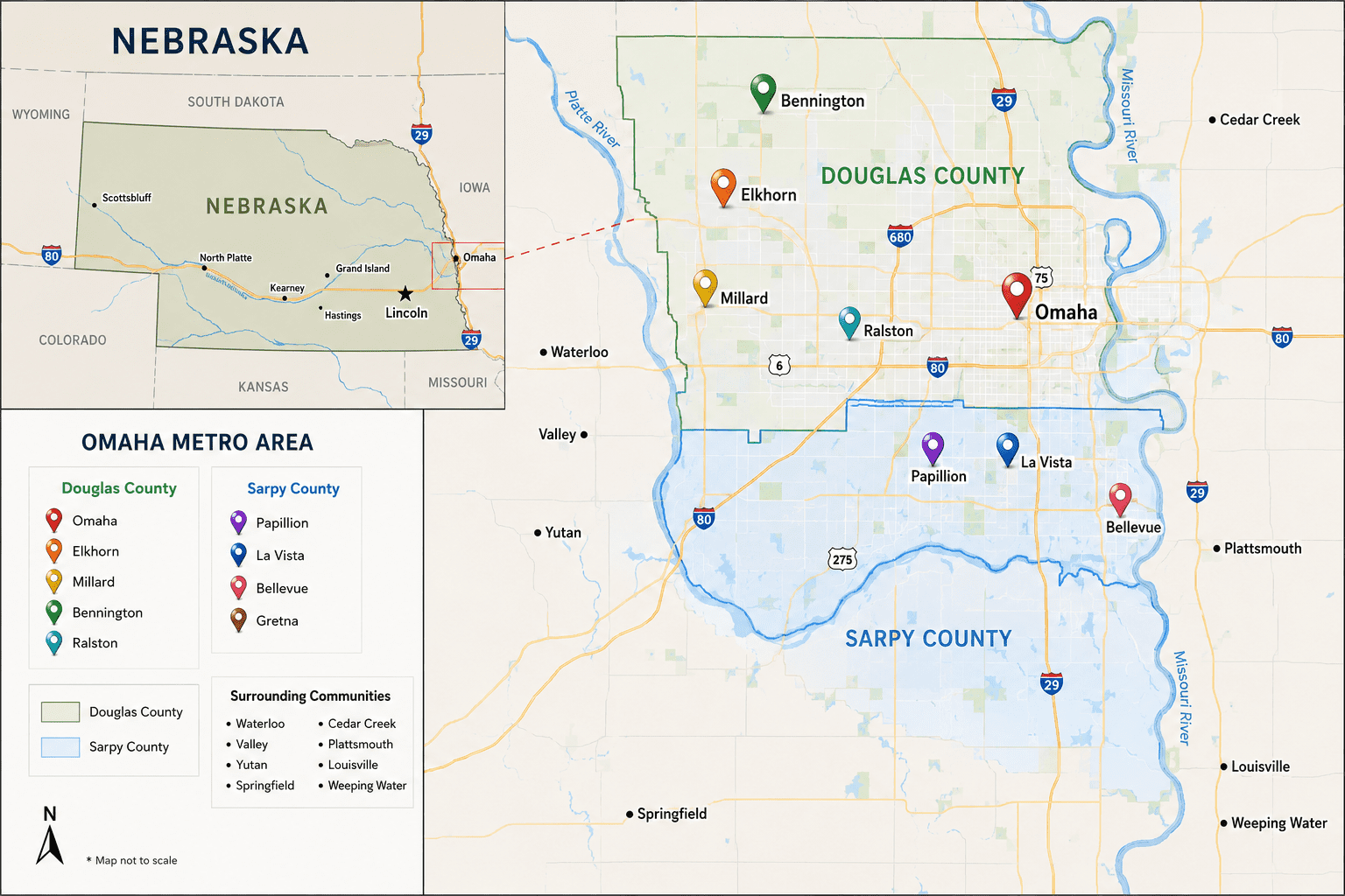 Map of Omaha metro area with markers