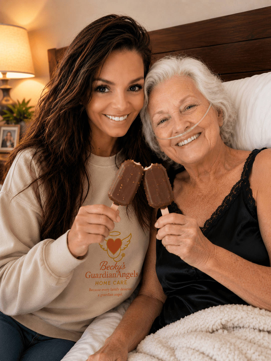 Smiling caregiver and elderly woman sharing ice cream bars