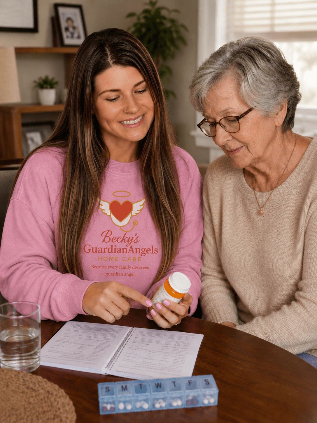 Caregiver explaining medication to elderly woman