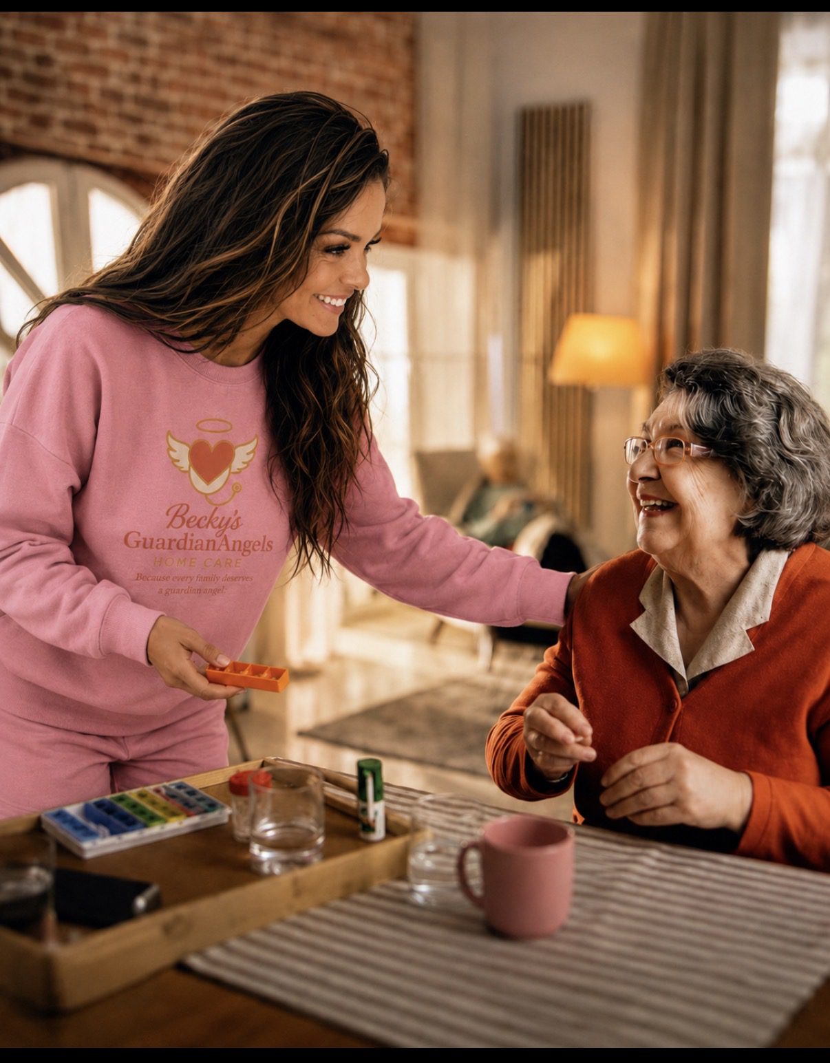 Caregiver offering medication to smiling elderly woman