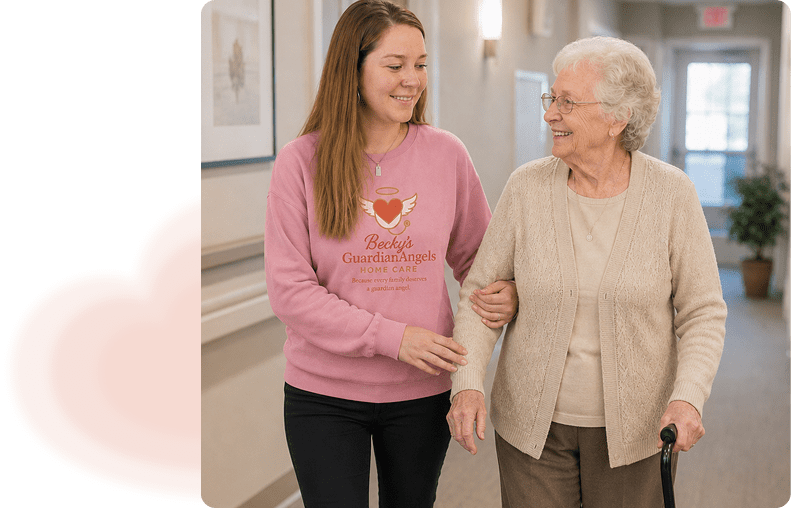 Caregiver escorting smiling elderly woman with cane