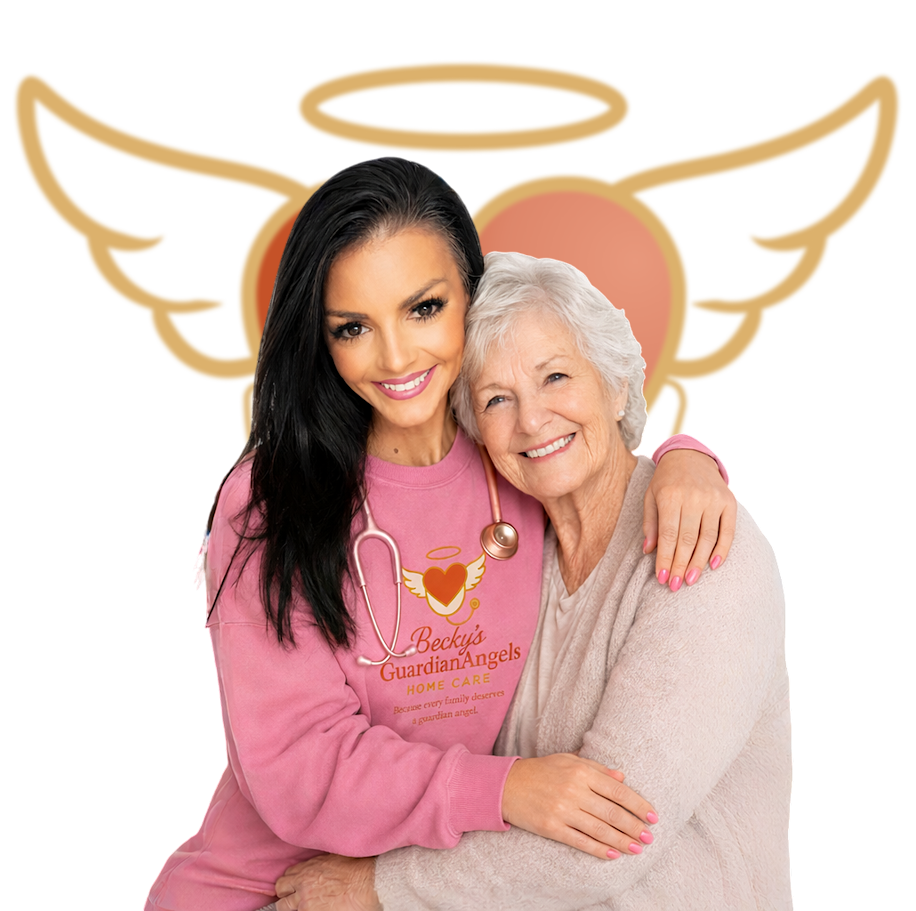 Caregiver and senior woman hugging, angel logo